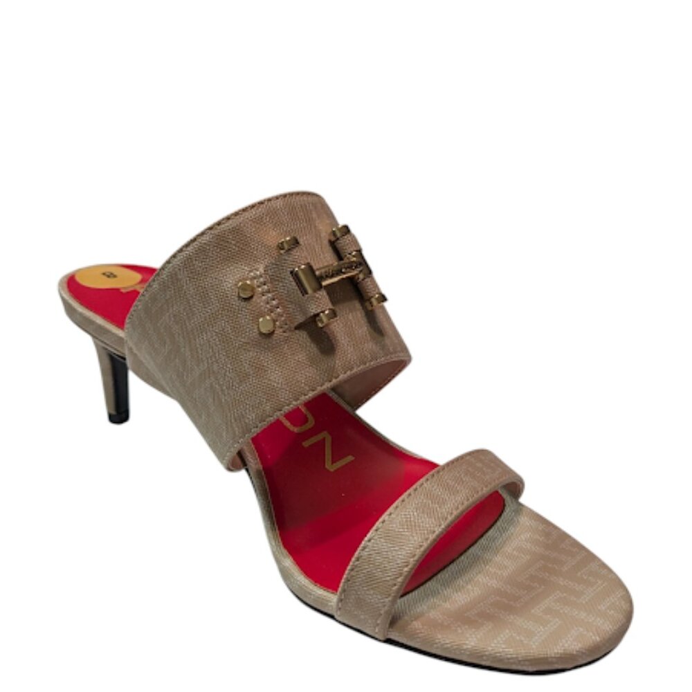 Halston Heritage Beige Slides with Red Insole & Gold Hardware